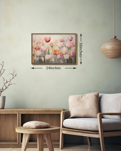 Image of KISSFOX Vintage Framed Wall Art Decor Rustic Blush Tulips Flowers Pictures Wall Decor Colorful Botanical Canvas Art Prints Farmhouse Still Life Paintings Artwork For Bedroom Kitchen Living Room