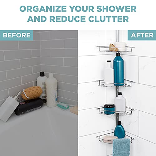 Zenna Home Tension Pole Shower Caddy, 4 Basket Shelves With Built-In Towel Bars, Adjustable, 60 To 97 Inch, Chrome #TOP2