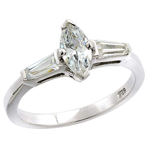 Sterling Silver CZ Tapered Baguette 3-Stone Marquise Cut Engagement Ring for Women 1/3 ct, Sizes 6-10