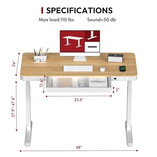 SANODESK Standing Desk with Drawer, Electric Height Adjustable Home Office Desk with Storage & USB Ports, 48 inch Maple Wood Tabletop/White Frame