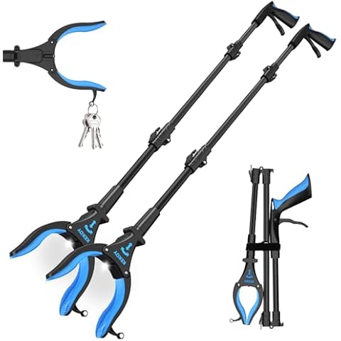 Kekoy 2-Pack Reacher Grabber Tool, 32" Grabbers for Elderly, Trash Picker Grabber with Light, Extended Claw Reacher Tool, Foldable Pick Up Grab Tool, Magnetic Sticks Grippers for Reaching (Blue) Cover