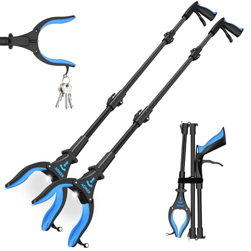 Kekoy 2-Pack Grabber Reacher Tool with Light, 32 Foldable Pickup Trash Grabber, 90°Rotating Anti-Slip Jaw, Grabbers for Elderly, Durable Stick, Magnet Tip (Blue)