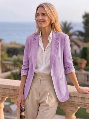 Image of Mina Self 2026 Summer Women's Linen Blazer Jacket - Lightweight Breathable 3 /4 Stretchy Ruched Sleeve Casual Work with Pocket