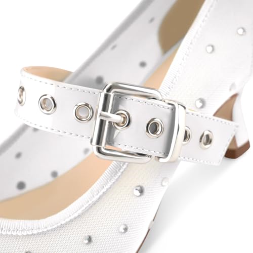 Image of Women's Mesh Closed Pointed Toe Heels Rhinestone Ankle Strap Buckle Kitten Heeled Mary Jane Pumps Dressy Prom Wedding Sandals Shoes 2 inch
