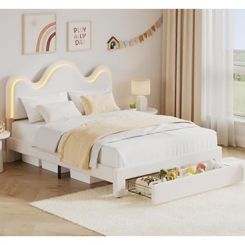 GAOMON Twin Bed Frame for Kids, Upholstered Platform Bed with Storage, Boucle Bed Frame with Petal Headboard and LED Lights, Strong Wood Slat Support, No Box Spring Needed, Easy Assembly Whi