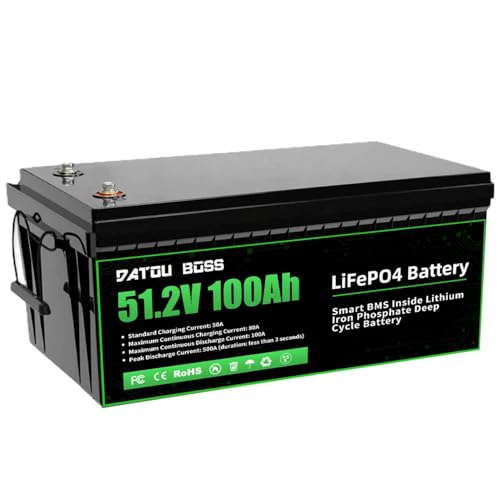 48V 100Ah LiFePO4 Battery 5120Wh Deep Cycle Lithium Battery 51.2V 200A Smart BMS 500A Peak 8000+ Cycles Grade A Cells for Golf Cart RV Solar Marine Off-Grid Home Backup Power System