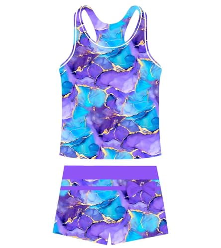 ACOCOPY Tankini Sets for Girls 2 Piece Marbling Swimsuits Kids Sleeveless Beach Tank Short Quick Dry Swimming Suit Size 6-7