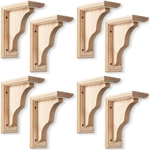 Briwooody 8 Pcs 3 1/2" w x 7" d x 9" h Traditional Wood Brackets Unfinished Hardwood Bracket Decorative Millwork Corbels Solid Wood Shelf Bracket for Home Shelf Cabinet Furniture Support Cover