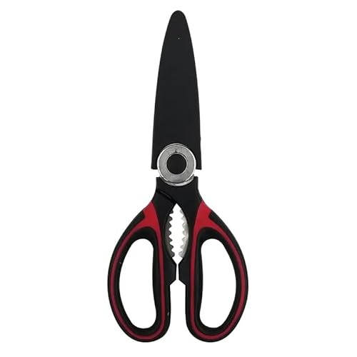 Tesoura Inox Para Cozinha Com Capa Protetora, Cabo Ergonômico, Preto e Vermelho, 20x10cm 185 gramas,