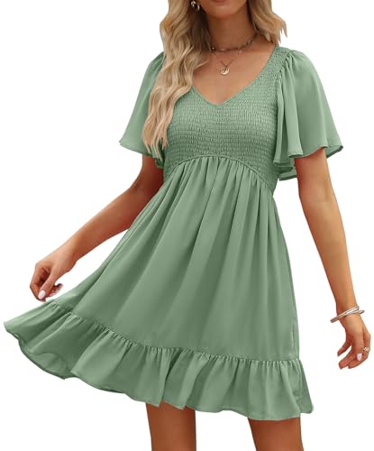 Image of LILLUSORY Women's Flowy Casual Mini Dresses 2026 Summer Graduation Smocked V Neck Vacation Dress Dress with Pockets