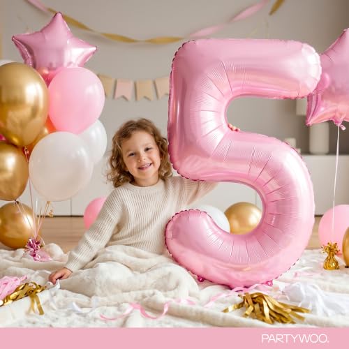 Image of PartyWoo Baby Pink Number 5 Balloon 40 Inch 25pcs Pink Foil Star White Gold | Foil Number Large Gaint Jumbo Balloons for Birthday Baby Shower Princess Wedding Anniversary Girl Women Party Decorations