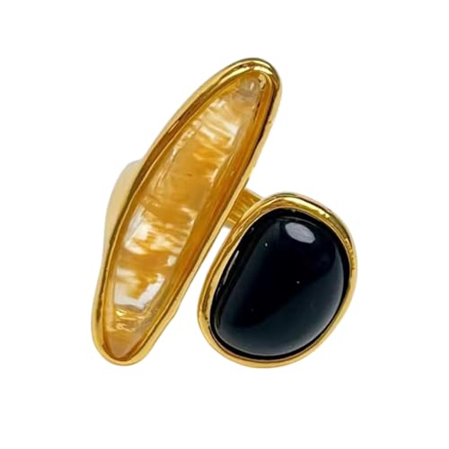 Asymmetry Black Agate Ring for Women Minimalist Open Wrap Thumb Band Gold-Tone Plated Adjustable Promise Rings Comfort Fit Wedding Fashion Unique Statement Eternity Jewelry