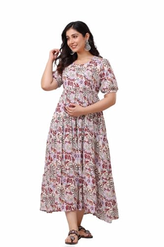 Image of Women's Rayon Anarkali Maternity Ankle Length Dress, Pregnancy Dress,Feeding Kurti,Easy Brest Feeding Dress, with Both Side 9 inch Zipper and Belt