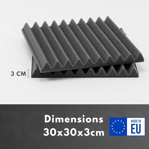 ROVSON Akustikschaumstoff, 48 Stück Akustikpaneele, 30x30x3cm, Hochdichte Schallabsorber Wand, Schallabsorber, Schalldämmung für Tonstudio, Anthrazit-Grau, Enthält Klebstoffe