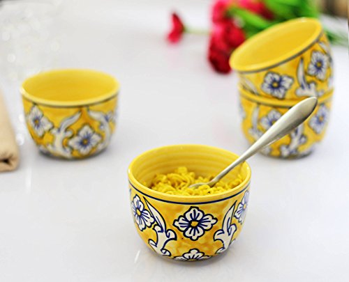 Image of KITTENS Ceramic Bowl Set of 4 (300ml) - Hand Painted Yellow Floral - Microwave & Dishwasher Safe - BPA-Free, Food Grade - Ideal for Soup, Snacks, Maggi & Gifting