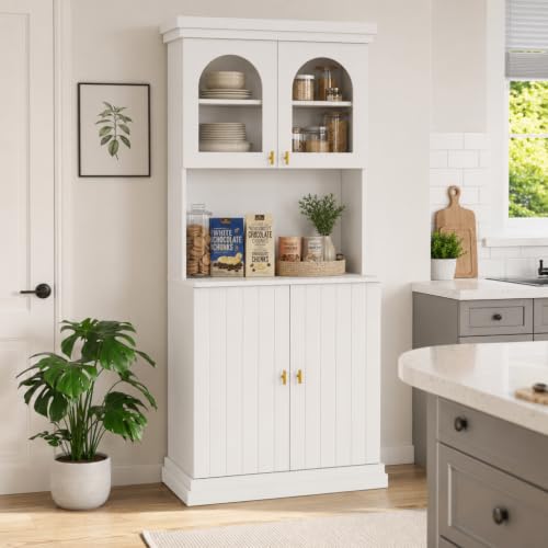 Image of ivaniti 71 inch Farmhouse Kitchen Pantry Cabinet with Arched Glass Doors, White Freestanding Coffee Bar Hutch with Microwave Stand and Adjustable Shelves for Kitchen