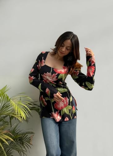Image of ANNI Designer Women's Viscose Blend Printed Short Kurti for Women Floral Design Square Neck Top | Short Kurtis for Woman | Kurti Tops for Women | Kurtas for Woman | Kurti with Jeans Styling