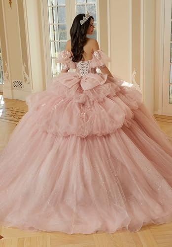 Glitter Tulle Quinceanera Dresses with Bow Elegant Ruffles Ball Gowns Lace Appliques Sweet 15 16 Dresses with Sleeves2