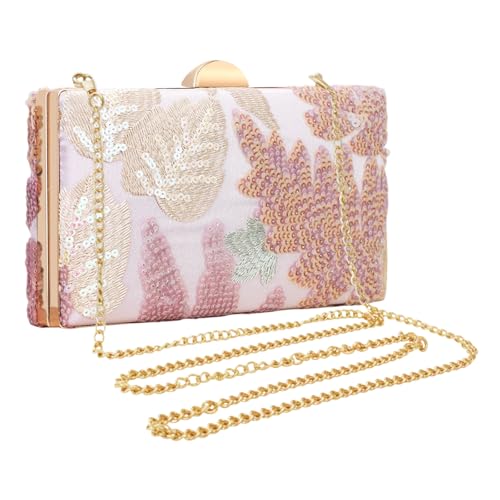 Bolsa clutch floral bordada de lantejoulas para mulheres | Bolsa fina para festa noturna | Casamento, formatura, eventos formais, rosa