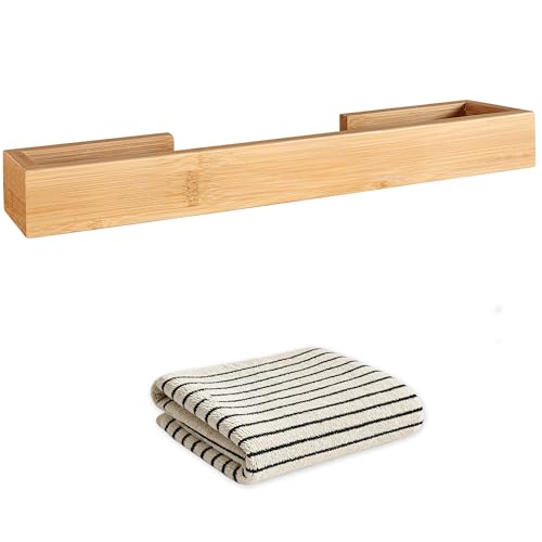 danhol® Toallero Adhesivo Baño | Set de Toallero Bambu + Toalla Algodón | Toallero sin Taladro | Toallero Madera 38 cm