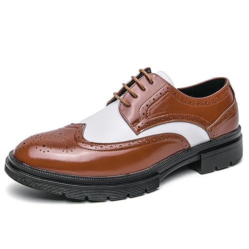 Men's Patchwork Two Tone Brogue Oxfords Shoes Classic Round-Toe Carving Lace Up Wingtip Comfort Low Heel Business Dress Derby Shoes for Casual Wedding Party Dance Dinner