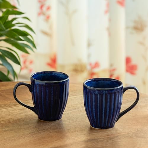 Image of ExclusiveLane 'Midnight Ribbed' Hand-Embossed Ceramic Coffee Mug Ceramic Mugs for Milk Chai Tea Cup (Set of 2, 260 ML, in Gift Box, Microwave Safe)