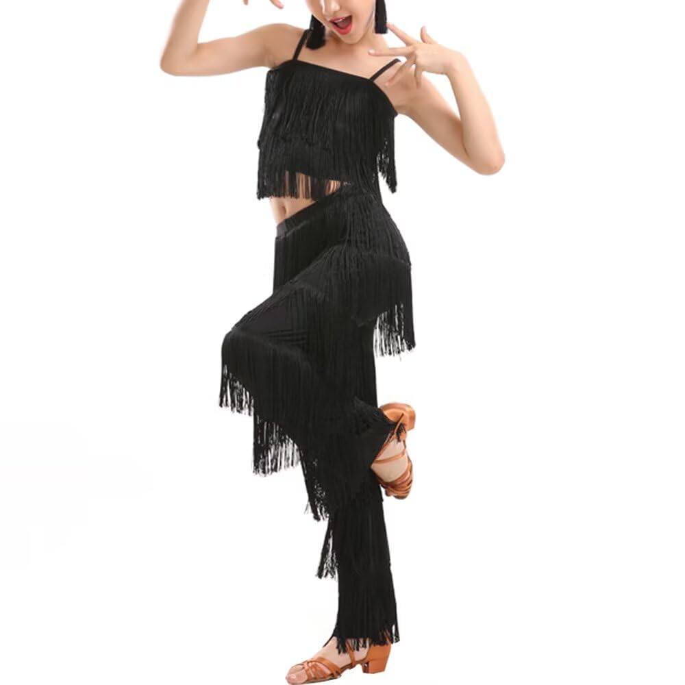 Libaobaoyo Girls 2 Piece Latin Ballroom Dance Outfits Tassel Camisole Fringe Pants Modern Salsa Dancewear (Black, 11-12 Years)