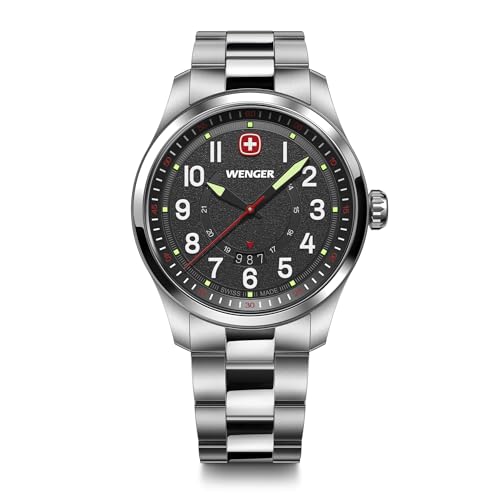 WENGER Herren Armbanduhr Terragraph, Ø 43 mm, Swiss Made, Analog Quarz, Wasserdicht bis 100 m, Edelstahl-Armband, Schwarz/Silber, 01.0541.122