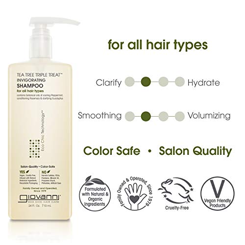 Giovanni Tea Tree Triple Treat Invigorating Shampoo, 24 Oz. - Cooling Peppermint, Eucalyptus, Conditioning Rosemary, Strengthens, Helps Dry Flaking Scalp, Lauryl And Laureth Sulfate Free, Paraben Free #TOP1