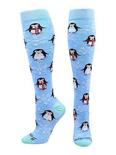 MadSportsStuff Snow Penguin Christmas Socks Over the Calf (Sky Blue, Small)