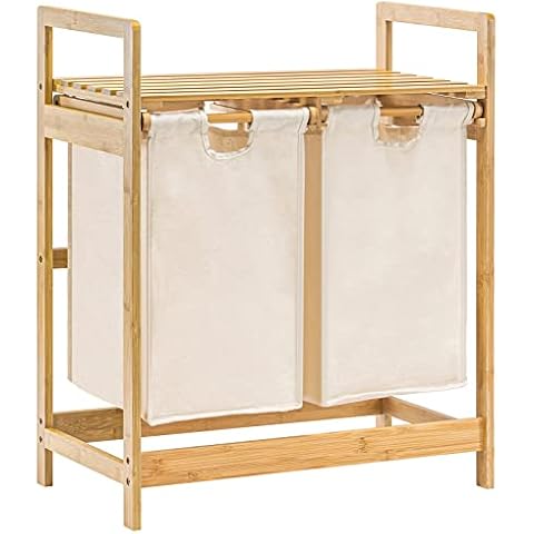 YOUDENOVA Bamboo Laundry Basket with 2 Collapsible Pull-Out Laundry Bags Storage Organizer Laundry Hamper for Bedroom Bathroom or Laundry Room 73 x 64 x 33 cm Beige Cover