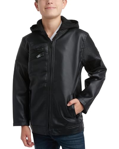 URBAN REPUBLIC Boys' Leather Jacket - Lightweight Hooded Black Faux Leather Spring Motorcycle Jacket for Boys (Sizes: 8-20)