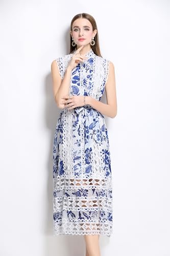 Image of LAI MENG FIVE CATS Women's Sleeveless Hollow Out Lace Button Up Casual Midi Party Dress with Belt