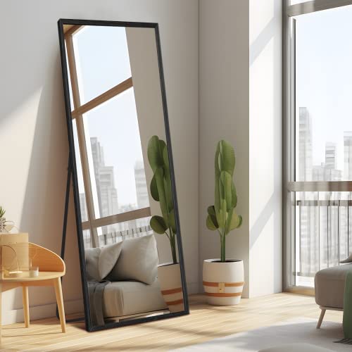 Image of NeuType 65 inchx22 inch Full Length Mirror Floor Mirror with Standing Holder Bedroom /Locker Room Standing /Hanging Mirror Dressing Mirror (Carbon Black Solid Wood)