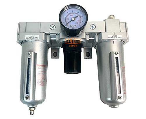3/4" NPT HEAVY DUTY Compressed Air In Line Filter Regulator Lubricator Oiler Combo, Metal Bowl, 5 Micron Element, Adjustable From 7 to 215 PSI (MANUAL DRAIN)