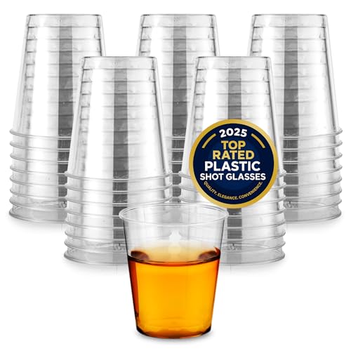 1.5 oz Shot Glasses - 100 Mini Plastic Shot Glasses (1.5oz) Clear Disposable Cups for Jello Shots, Wine Tasting, Liquor, Whiskey, Pudding, Sample Cup for Halloween and Elegant Partiest