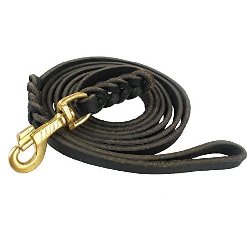Close-up of heavy-duty snap hook and braided leather