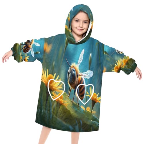 Kids Blanket Hoodie Cute Bee Flower Wearable Blanket Hoodie Oversized Hooded Blanket, Sweatshirt Blanket with Pockets Soft Warm Kids Hooded Blanket for Girls, Boys