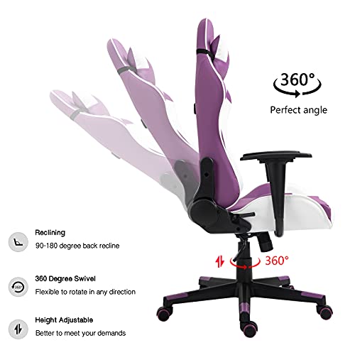 Modern-Depo Gaming Chair With Headrest And Lumbar Support, Height Adjustable Swivel Office Chair (Purple White) #TOP3