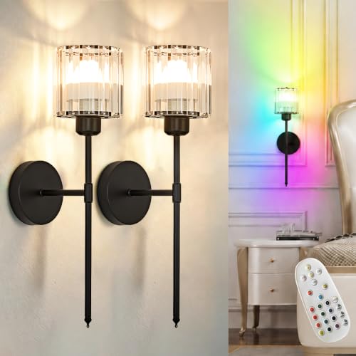 Image of Depuley Wall Sconces Battery Operated: Set of 2 Wireless Crystal Wall Lights with Remote - Rechargeable 15 Colors Black Wall Lamp for Living Room Home Decor