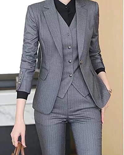 Women's 3 Piece Formal Slim Fit Business Work Jacket Stripe Suit Set(Blazer+ Pant+ Vest)2
