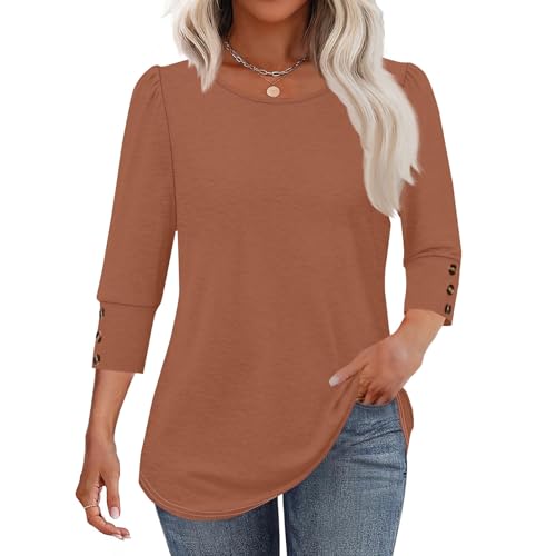 Women's Blouses 3/4 Sleeve Dressy Casual Shirts Crew Neck Button T Shirts with Smocked Cuffs Fall Teacher Outfits2