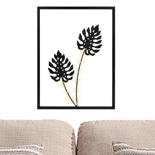 Sculpture murale en fer feuilles noires et LED au design artistique