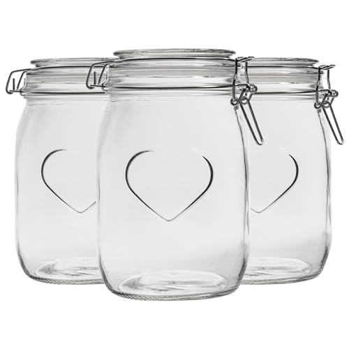 Nicola Spring Heart Shaped Glass Storage Jar with Airtight Clip Lid - 1000ml - 3 Pack - 4 Colour Seals - Kitchen Vintage Round Preserving Container for Pickling, Chutney, Jam, Coffee, Oats
