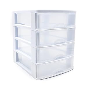 CABLEPELADO Torre de Almacenamiento con 4 cajones, Cajonera de plástico, Torre de almacenaje, Organizador de escritorio, 23 cm alto x 17.5 cm ancho x 21.5 cm fondo, Apto para escritorio, Blanco