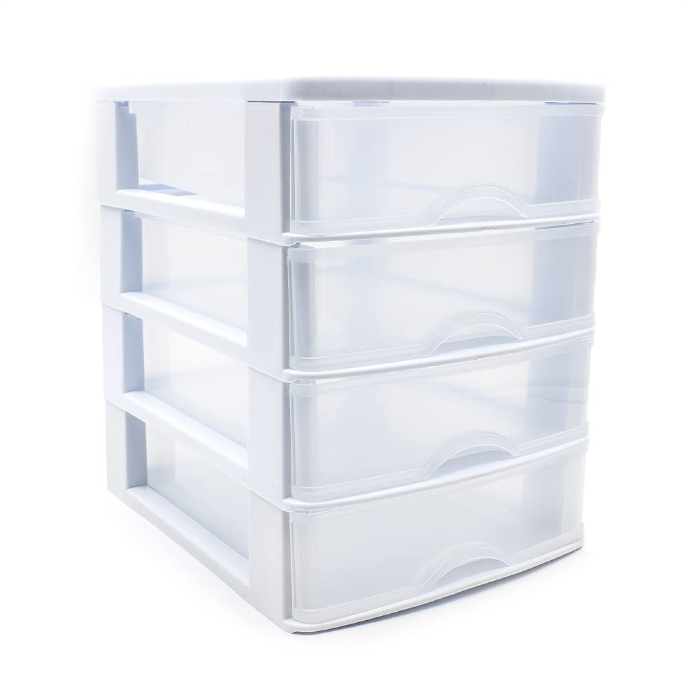 CABLEPELADO Storage Tower with 4 Drawers, Plastic Drawer, Storage Tower, Desk Organizer, 9"H x 6.9"W x 8.5"D, Suitable for Desk, White