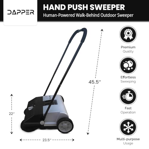 Image of Dapper Supply Walk-Behind Outdoor Hand Push Floor Sweeper - 6.5 Gallon Capacity - 22 inch Sweeping Width - Sweeps up to 25,500 ft /Hour, Grey