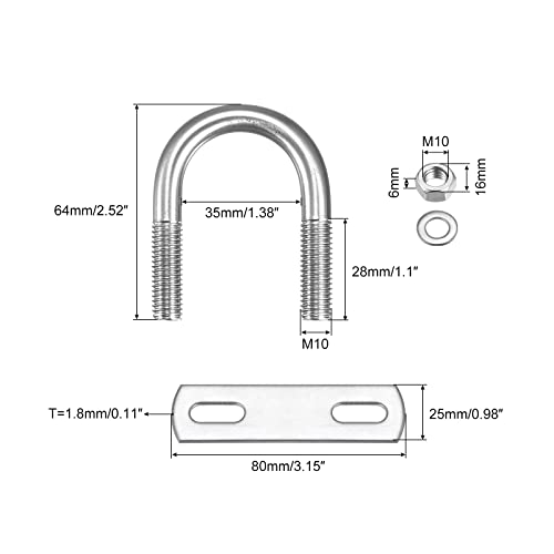 Image of uxcell Round U-Bolts, 35mm(1.38 inch) Inner Width 64mm Length M10 304 Stainless Steel U Clamp Bolt with Nuts Washers and Plates, for Boat Trailer