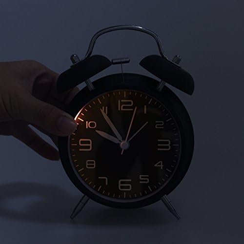 jiemei 4 Twin Bell Alarm Clock Battery Operated, Loud Mechanical Wind-Up Alarm Clock with Stereoscopic Dial, Nightlight, Non Ticking(Black)