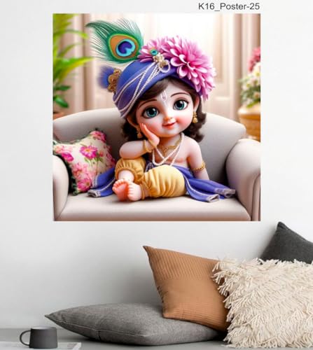 Image of Akki Wold Blue Safa With Pink Flower Sitting On Soffa Wall Poster For Living Room, Office, Pooja Room (Size - 41CM X 41CM)